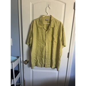 Breakwater Men Button Up Shirt Green‎ L 100% Linen Pocket Collar Short Sleeve
